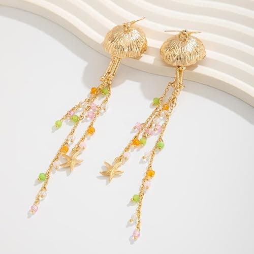 Starfish Tassel Dangle Earrings for Women Jellyfish Earrings Beach Long Dangle Drop Earring Summer Charm Earrings Ocean-Themed Dangling Earring Boho Beach Jewelry thumbnail 7