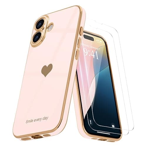 Teageo for iPhone 16 Case with Screen Protector [2 Pack], Light Pink | Girl Women Cute Girly Love-Heart Luxury Gold Soft Cover Camera Protection Shockproof Phone Case for iPhone 16 - Image 1