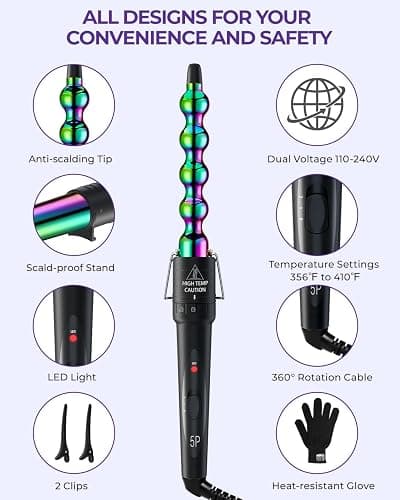 5 in 1 Curling Wand Set: Ohuhu Curling Iron Wand 5Pcs 0.35 to 1.25 Inch Interchangeable Ceramic Barrel Heat Protective Glove 2 Clips Dual Voltage Hair Curler for Girls Women Mother Gift Rainbow thumbnail 7