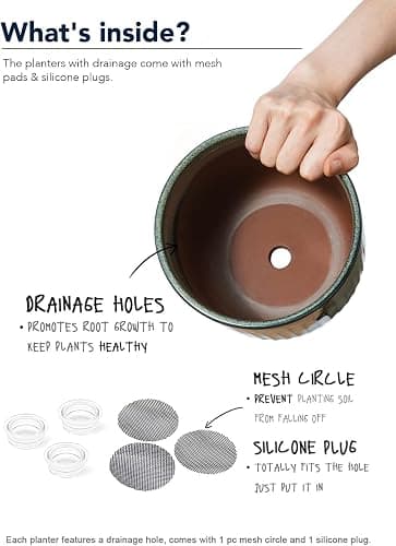 LE TAUCI Fluted Ceramic Planters Set of 3 – 8.3 / 7 / 5.7 in Dark Olive Reactive Cylinder Indoor Plant Pots with Drainage Plug & Mesh, Glossy Stoneware Flower Pots for Succulents Herbs - Reactive Glaze Dark Olive thumbnail 4