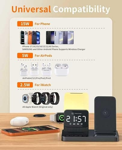 6-in-1 Wireless Charging Station, Charger Stand for Apple Multiple Devices, for iPhone 17 16 15 14 13 12 Pro Max Watch Airpods, Wireless Charger iPhone Charging Station with Night Light/Alarm Clock thumbnail 6