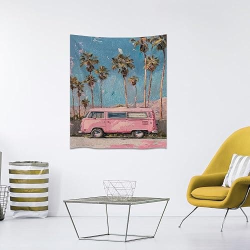 Heltrappe Pink Preppy Caravan Palm Art Aesthetic Tapestry Trendy Boho Coastal Scenery Tapestries Wall Hanging for Living Room Girl Coquette Dorm Decorwhite30x40inch thumbnail 6
