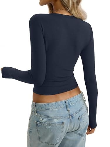 EasyGala Womens Cotton Long Sleeve Shirts Wide Round Neck Fitted Tops Basic Going Out Crop Outfits Fall Undershirts 2026 thumbnail 6