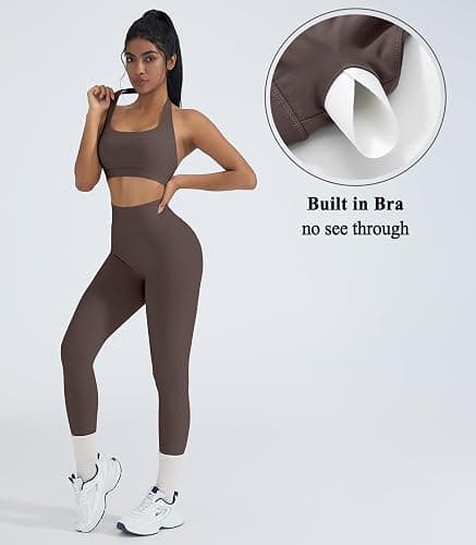 OMKAGI 2 Piece Workout Sets for Women Halter Sports Bras Gym Sets Booty Leggings Outfits (M,447-Purple) thumbnail 3