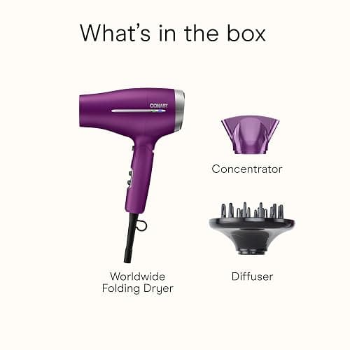 Conair Worldwide Folding Handle Hair Dryer with Concentrator & Diffuser, 1875W Travel Blow Dryer with Smart Voltage Technology, Ionic Conditioning Fights Frizz, 3 Heat & 2 Speed Settings, Purple thumbnail 7