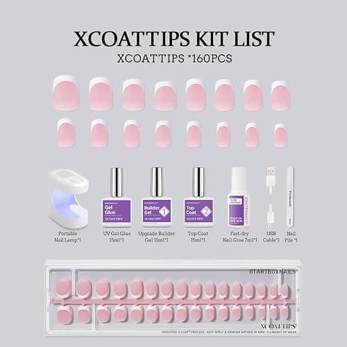 BTArtboxnails XCOATTIPS French Tips Nails - Extra Short Square Nail Tips with Nail Gel, French Protecing Duo, Nail Lamp, All in One Soft Gel French Tip Press on Nails Gel Extension thumbnail 6