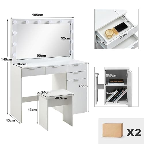 TUKAILAi White Large Dressing Table Set with Hollywood 12 LED Lights Mirror and Cushioned Stool, Vanity Desk Set Makeup Table with 4 Drawers and Storage Unit Dresser for Bedroom Girls Women thumbnail 3