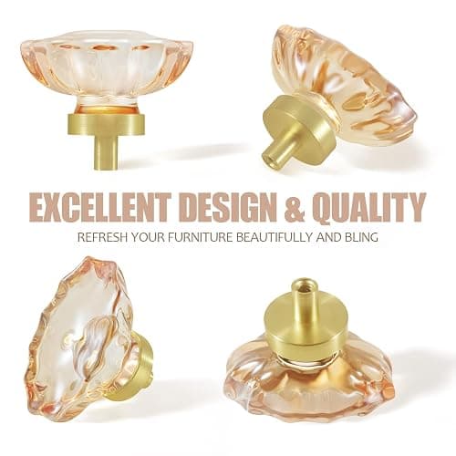 SHINY HANDLES 4 Pack Glass Cabinet Knobs and Pulls,Oval Champagne Crystal Knobs for Dresser Drawer with Satin Brass/Brushed Gold Base - 4 Pack (45mm) - Champagne Crystal and Satin Brass Base thumbnail 6