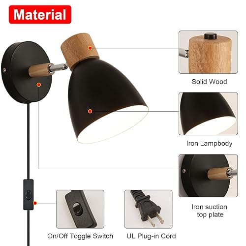 Eyooer Wall Sconces Plug in, Swing Arm Wall Lamp with Power Cord, Black Plug in Wall Lighting Fixtures Set of Two, Bedside Wall Mounted Reading Lamp with Switch, for Bedside Bedroom Hallway thumbnail 8