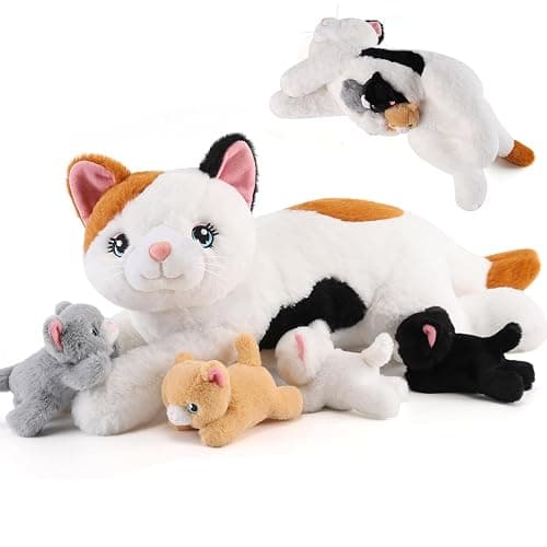 gnomantic Cat Stuffed Animals with Babies Inside, Mommy Toy for Kids | 5-Piece set: 1 mommy cat + 4 baby kittens inside. Unzip belly to reveal surprise babies. Ultra-soft, ages 3-8. - Image 1