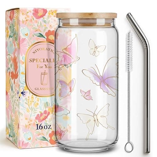 Niyorayna Pink Butterfly Gifts for Women,Sister,Daughter,Mom,Her,Friends,Aesthetic Idea Christmas Birthday Thanksgiving Gifts,Butterfly Tumbler Coffee Can Glasses with Lids and Straws 16oz 41 - Image 1