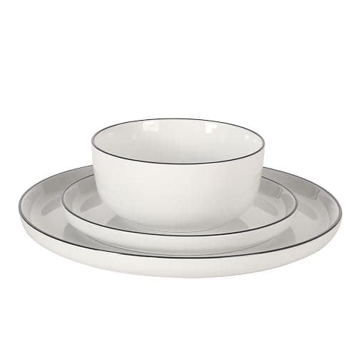 Gibson Home Oslo 12-Piece Porcelain Dinnerware Set – Dinner Plates, Salad Plates & Bowls, Classic White With Black Rim Everyday Dish Set for Home, Kitchen, Microwave & Dishwasher Safe thumbnail 8
