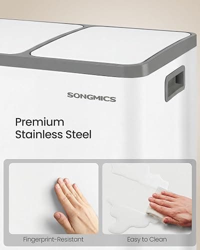 SONGMICS Trash Can, Double Compartment Garbage Can, Stainless Steel | 2 X 8 Gallon (2 x 30 L) for Recycling, with 15 Liner Bags, Soft-Close Lids, Removable Buckets, White ULTB160WZ01 thumbnail 8
