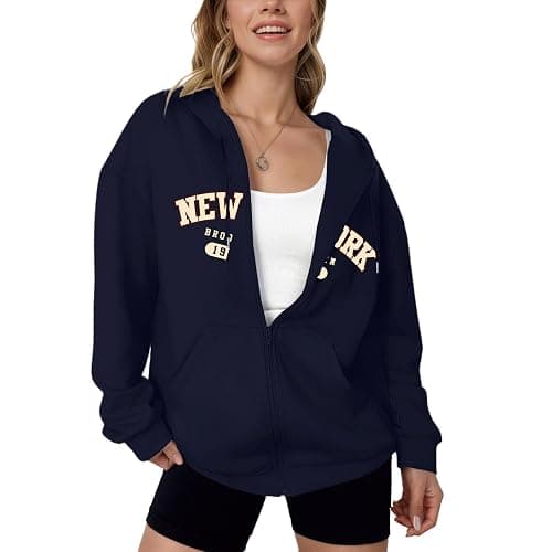 Pairxily New York Graphic Zip Up Hoodies for Women Full Zip Hoodie Letter Jackets College Zipper Sweatshirts with Pockets thumbnail 2