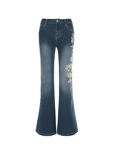 Women Bell Bottom Jeans Stretchy Flare Mid Rise Embroidery Vintage Denim Pants 90s Outfits Y2k Clothes thumbnail 5