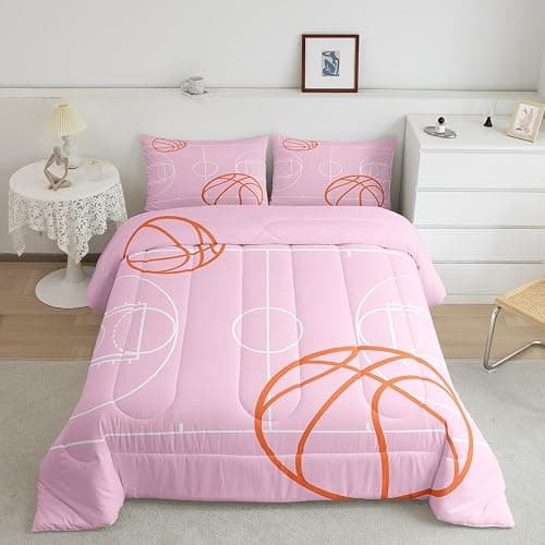 Feelyou Full Basketball Comforter Set Boys Girls Basketball Court Bedding Set for Kids Women Men Ultra Soft Pink Comforter Sport Quilt Set Room Decor - Image 1