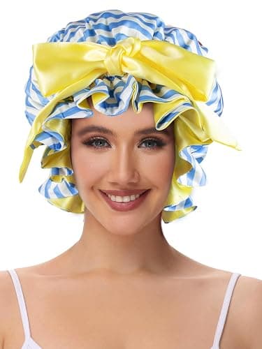 Vettres Silk Bonnet, Satin Hair Shower Cap for Sleeping Women 2025 Tie Band Adjustable Straps Head Wrap for Curly Hair Blue Stripe F thumbnail 2
