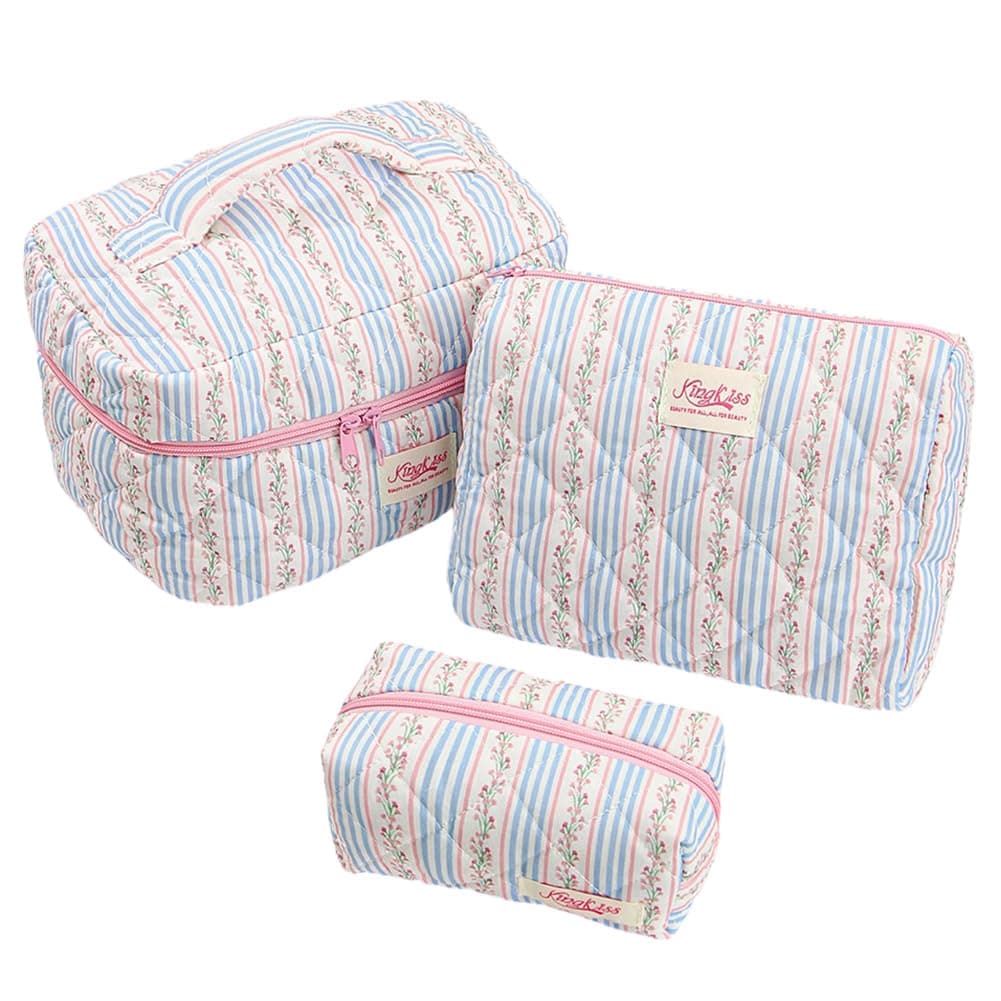 Quilted Makeup Bag Set for Girls Women - 3Pcs Cute Floral Cotton Makeup Bag, Large Aesthetic Floral Cosmetic Bags Coquette Flower Travel Toiletry Organizer for Daily - Image 1
