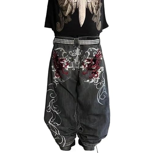 Sudiup Men's Jeans with Gothic Embroidered Print, Loose Wide Leg Casual Straight Leg Versatile Wide Leg Pants - Image 1