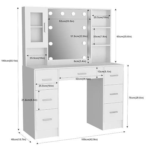Makeup Vanity with Lights and Mirror, Large Vanity Desk with Drawers Makeup Table with Lighted Mirror, 3 Lighting Colors, Modern Vanity Dressing Table for Bedroom (Sliver Handle -K3U44) thumbnail 2