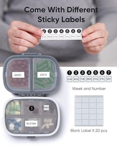Holii Travel Pill Organizer, 8 Compartments Portable Pill Case, Daily Pill Box to Hold Vitamins, Small Pill Container for Pocket Purse Medicine Organizer（Gray） thumbnail 2