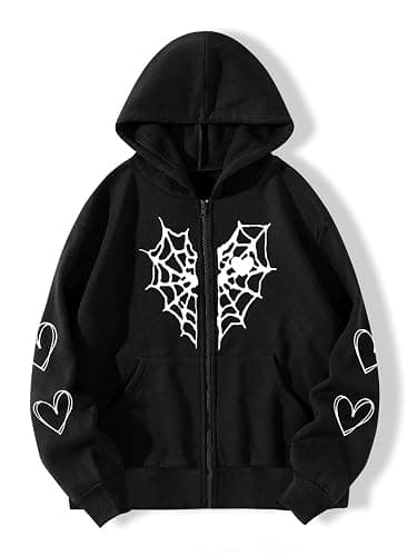 Y2K Gothic Spider Web Heart-shaped Print Hoodied Pullover Punk Zip Up Jacket Coat Harajuku Loose Oversized Streetwear thumbnail 2