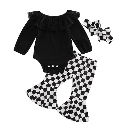 SAYOO Newborn Baby Girl Clothes Infant Rib Frill Long Sleeve Romper Floral Flared Pants Headband 3pcs Fall Winter Outfits - Image 1