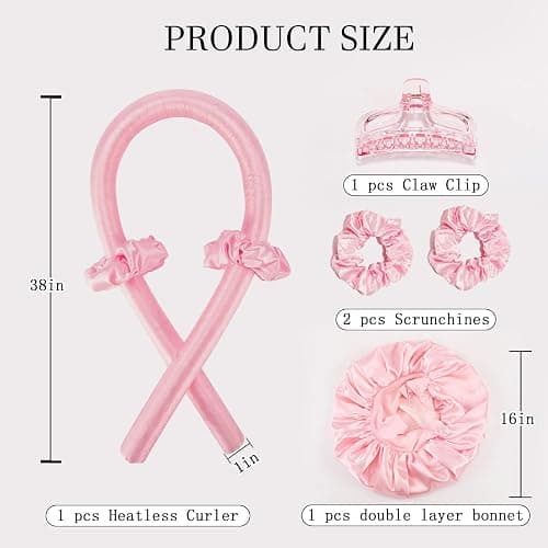 Hroevc No Heat Overnight Curls with Double Layer Satin Bonnet - Soft Hair Curlers to Sleep In, heatless Curling Rods Set + Silk Bonnet for Women & Girls Long Hair, Heatless Waves & Volume (Pink) thumbnail 3