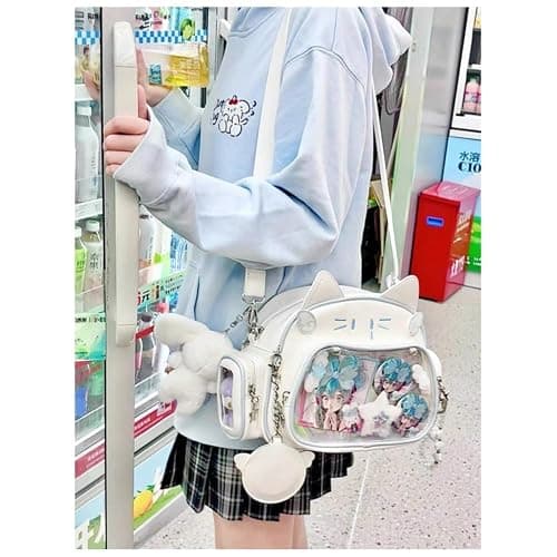 Cute Cat Ita Bag Pin Display Backpack for School Preppy Backpack for Girls Y2k Aesthetic Single Shoulder Crossbody (White Bag) thumbnail 5