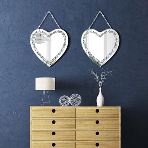 DMDFIRST Heart Shaped Silver Glass Mirror 2 Pack 12x12inch Crystal Crush Diamond Decor Chain Mirror for Wall Decoration thumbnail 2