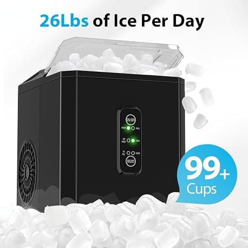 Aeitto Ice Makers Countertop, 9 Ice Cubes Release in 6 Mins, 26Lbs/24H, 2 Sizes of Bullet Ice Machine,Self-Cleaning Portable Ice Maker with Ice Scoop and Basket for Home Kitchen Office RV Bar, Black thumbnail 3