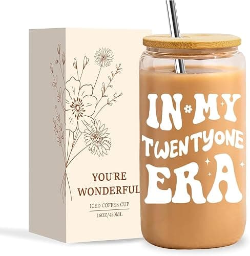 NOOMII 21st Birthday Gifts for Girls – Cute 16Oz Glass Cups with Lids and Straws, Aesthetic Tumblers for Teens, Friend Bestie-21st Birthday Gift for Her - Image 1