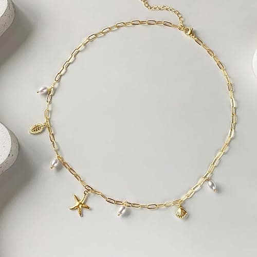 Zeffy Shell Necklace for Women,14K Gold Plated Layered Starfish Conch SeaShell Pearl Pendant Charm Necklace Stack Waterproof Dainty Beach Jewelry for Summer Vacation thumbnail 5