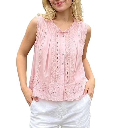 Women Boho Lace Trim Tank top Sleeveless Button Down Front Tie Lace Babydoll Tops Flowy Crop Top Beach Vacation Tops - Image 1