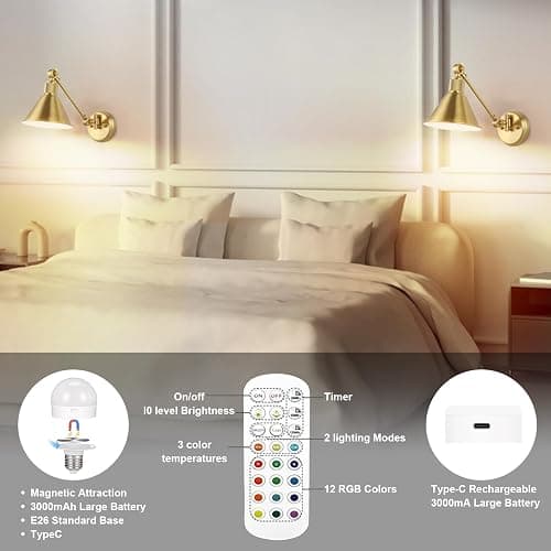 TRLIFE Rechargeable Battery Operated Wall Sconces, Dimmable and Adjustable Color Temperature Wireless Wall Sconces Set of 2 with Remote Control, Gold Swing Arm Wall Light for Bedroom Bedside Hallway thumbnail 3
