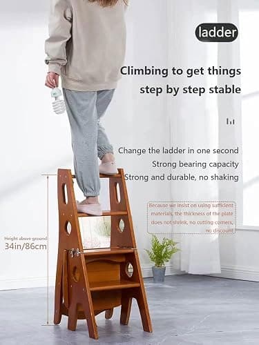 Wooden Folding Library Ladder Chair, 4-Storey Portable Multi-Function Step Stool, Indoor and Outdoor Display Rack Flower Rack (Walnut) thumbnail 5