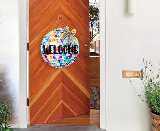 OLMIXA Colorful Disco Ball with Bow Wooden Hanging Sign (11.4x11.7inch), Disco Ball Welcome Door Hanger Sign, Shiny Welcome Sign for Dance Party Girl Bedroom Apartment Classroom Decor thumbnail 2