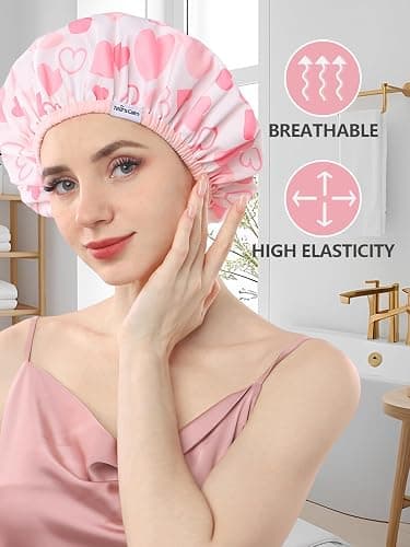 Years Calm Shower Caps For Women Reusable Waterproof，Pattern And Solid Color Dual-Layer Design For Dual-Layer Usable，Protects Hair In Shower, Spa, Cooking, Clean & Travel (Pink, One Size) thumbnail 6