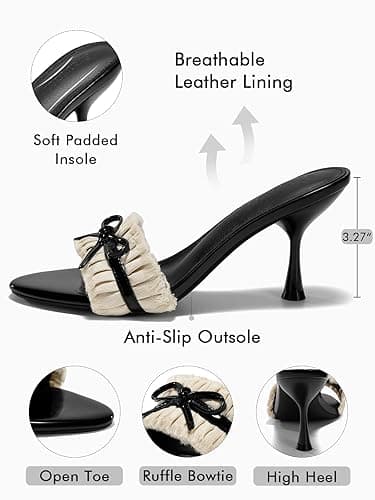 Coutgo Womens High Heels Mules Open Toe Bow Tie Sandals Ruffle Stiletto Slip on Prom Dress Shoes thumbnail 5