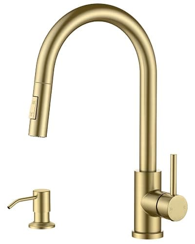 FORIOUS Gold Kitchen Faucet with Pull Down Sprayer, Modern Single Hole Kitchen Sink Faucet with Soap Dispenser, Deck Plate, Single Handle, High Arc Stainless Steel for RV Bar Farmhouse Laundry - Image 1