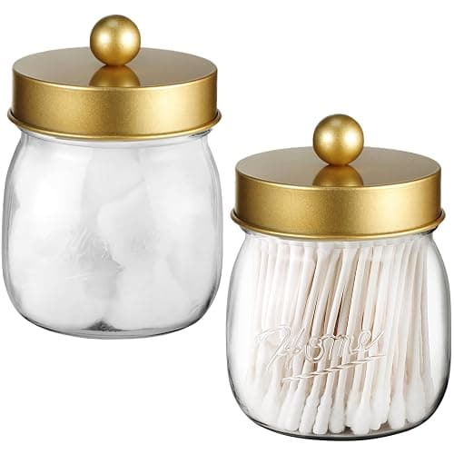 Farmhouse Decor Apothecary Jar Set,Mason Jar Bathroom Vanity Storage Organizer Canister - Qtip Holder Plastic Acrylic Jar for Cotton Swabs,Cotton Pads,Floss Picks,Paper Clips,Hair Clips(2 Pack,Gold) - Image 1