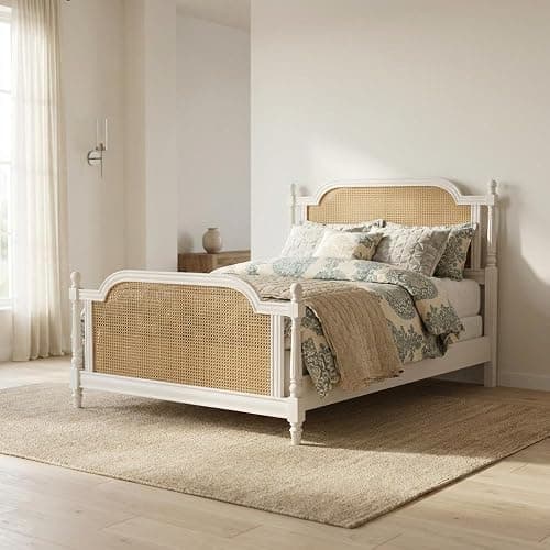 Starlight Canyon Home Brand White Melanie Bed Queen Metal Bed Rails Included Farmhouse Style Sturdy Wooden Frame Solid Cane Construction Comfortable Sleep Solution thumbnail 2