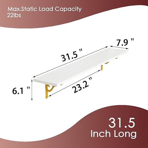 DINZI LVJ Long Wall Shelves, 31.5" Large Floating Shelves Set of 4, Farmhouse Display Shelf Wall Mounted with Heavy Duty Bracket, Easy Assembly for Kitchen, Bathroom, Bedroom, Balcony, White and Gold thumbnail 3