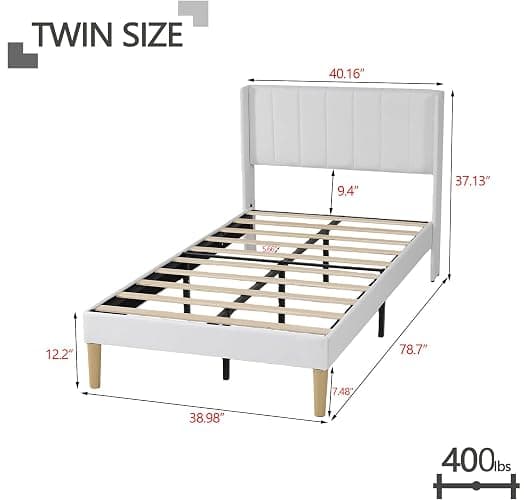 Zoophyter Twin Size Bed Frame with Linen Upholstered Headboard, White | Linen Platform Bed, Heavy Duty Wooden Slats Support, 7.48" Under-Bed Storage, No Box Spring Needed, Easy Assembly thumbnail 2