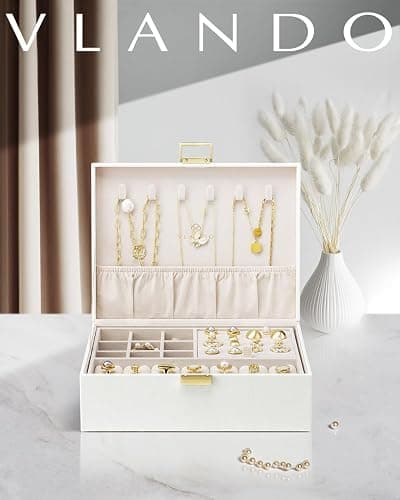Vlando 2 Layer Jewelry Box Large Jewelry Organizer for Women Removable Jewelery Tray for Necklace Earrings Rings Bracelets Jewelry Boxes for Women Gift (White) thumbnail 6