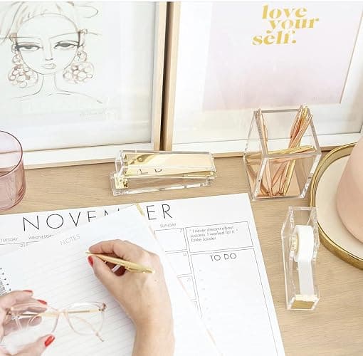Acrylic Gold Tape Dispenser & Desktop Stapler, Includes Staple Remover, Tape, 1000pcs Staples - Cute Office Stapler Set for Modern Design Desk Accessory Kit thumbnail 6