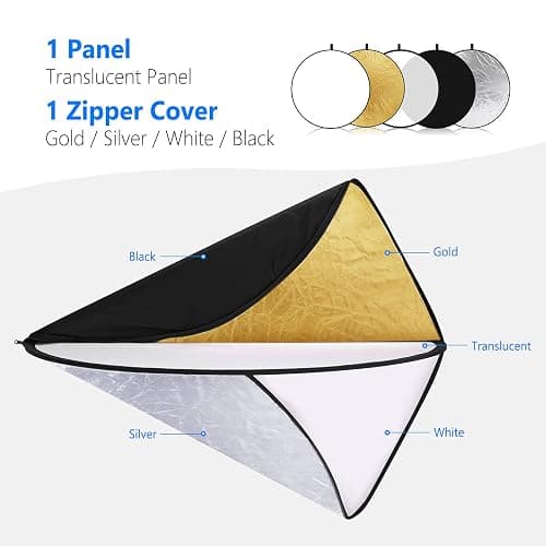NEEWER 22 Inch/60 Centimeter Light Reflector Light Diffuser 5 in 1 Collapsible Multi Disc with Bag - Translucent, Silver, Gold, White, and Black for Studio Photography Lighting and Outdoor Lighting thumbnail 3