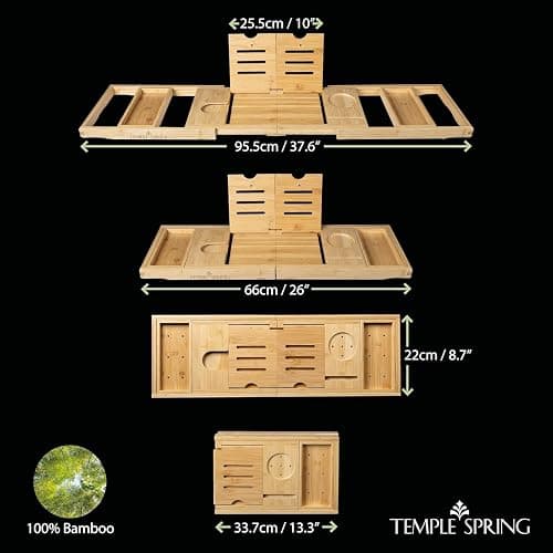Temple Spring Foldable Bamboo Bathtub Tray Caddy for Tub — Expandable One-Piece Wood Bath Table with Wine Holder Book Stand and Non-Slip Pads — Space-Saving Bath Caddy — Housewarming thumbnail 3
