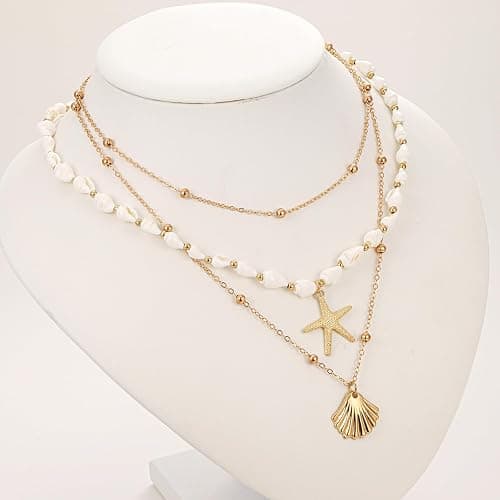 Seashell Starfish Necklace for Women Summer Pearl Beach Conch Shell 14k Gold Layered Dainty Choker thumbnail 6