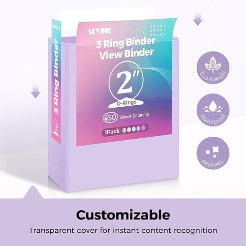 SKYDUE 2 Inch 3 Ring Binder with 8 Tab Dividers & 24 Labels, Large Capacity Pastel Binder Organizer for Letter Size Paper, Aesthetic School Binder for Documents, Office & Home Organization, Purple thumbnail 3